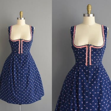 1960s dress | Adorable Blue & Pink Floral Print Dirndl Dress | Large | 60s vintage dress 