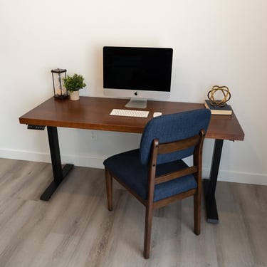 Straight-Edge Walnut Standing Desk, Dark Walnut Color Office Desk, Adjustable Height Motorized Computer Table, Mid-Modern Work Desk, UMBUZO 