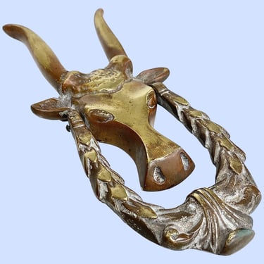 Vintage Door Knocker Retro 1970s Southwestern + Steer Head + Gold + Brass Metal+ Handle + Animal with Horns + Front Door Decor + Decoration 