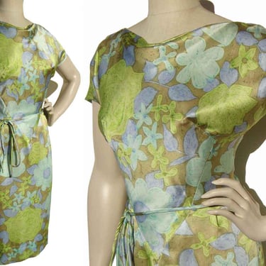 Vintage 60s Cocktail Dress Green Blue Floral Satin M 