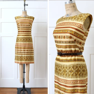 vintage 1960s sleeveless shift dress • golden sunshine yellow • striped mod polished cotton dress 