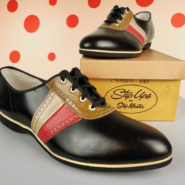 1960s pointy lace-up shoes. Deadstock with box. Black leather with red & neutral overlays. Ultra mod by Step-Ups. (W 6.5) 