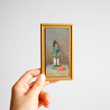 Vintage Tiny Oil Portrait Painting of a Chinese Woman with Pig 