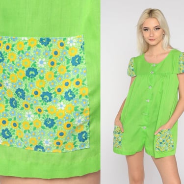 Lime Green Blouse 70s Floral Button Up Tunic Top Retro Boho Cap Puff Sleeve Shirt Bohemian Dolly Boho Hippie Pockets Vintage 1970s Small S 