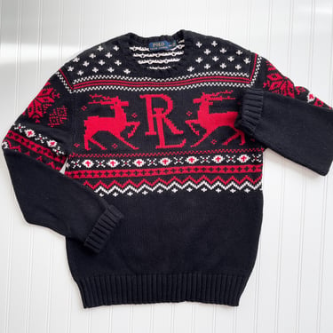 Polo Ralph Lauren sweater 90s vintage black red horse deer reindeer hand knit cashmere sweater 