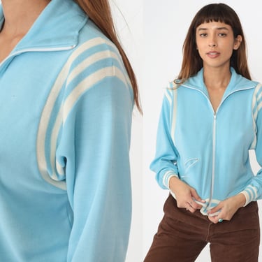 Baby Blue Track Jacket 80s Zip Up Sweatshirt White Striped Warmup Streetwear Retro Athletic Sporty Athleisure Vintage 1980s Extra Small xs 