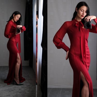 ROBERTO CAVALI Garnet Red Peek-A-Boo Maxi Gown w/ Sheer Bishop Cuff Sleeves | UNWORN with Tags | Made in Italy | Italian Designer Dress 