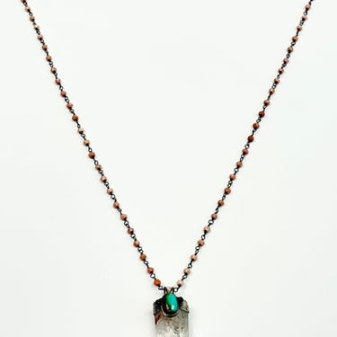 Rebecca Frazier Rutile Quartz w/ Turquoise+Onyx on Rhodocrosite Chain Necklace