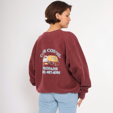 Vintage 90s Workwear Sweatshirt Cape Cod Oil Propane Champion Reverse Weave Burgundy Trucking Uniform Distressed Crewneck Extra Large xl 