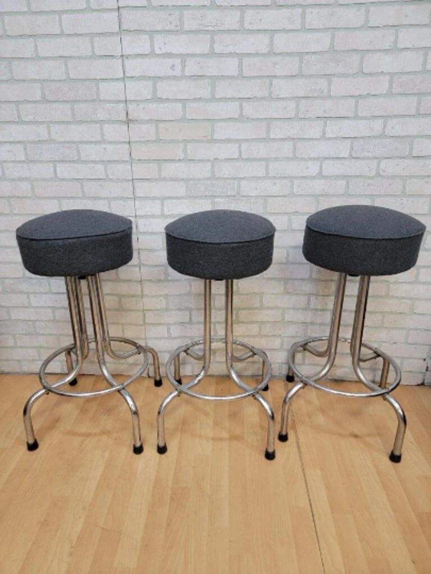 Vintage Industrial Swivel Bar Stools Newly Upholstered in a Charcoal