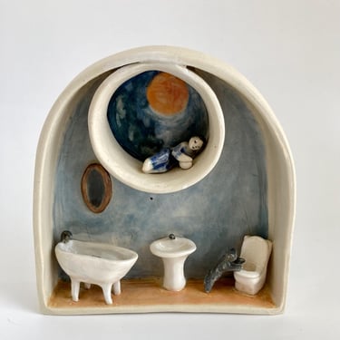Good Night, Cat Part Three | Miniature Ceramic House | Handmade Storybook Diorama | Still Life Vignette | Small Doll House for Adults 