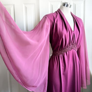 70s Purple Long Angel Hippie DRESS Vintage Maxi Gown, Plus Size Medium/Large Flared Chiffon Angel Sleeves, Crochet, Mauve Pink, 1970's 