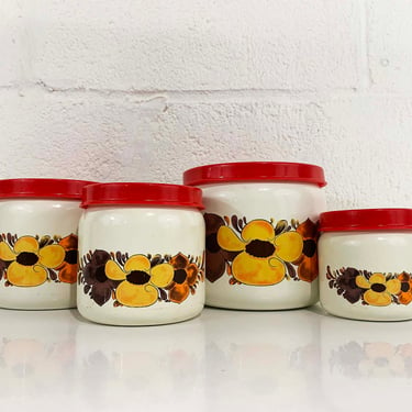 Vintage Kitchen Canister Set of Four Orange Yellow White Floral Canisters Metal Jar Retro Kitchen Flowers Flower Power Red 1970s 70s 