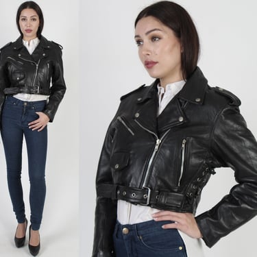 Black Leather Motorcycle Jacket / Cropped Asym Zipper / Vintage Belted Relaxed Fit Biker Coat / Lace Up Corset Sides 