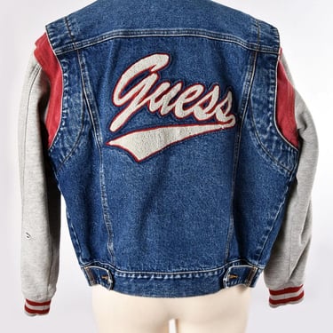 80's GUESS Denim Bomber Blue Jean Jacket Vintage 1980's Men's Unisex Large Back Patch, Red, Varsity Coat, Baseball style 