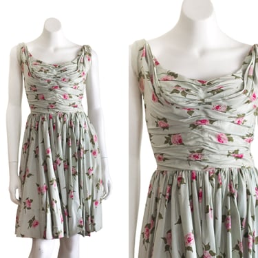 1950s green and pink floral dress with ruched bodice 
