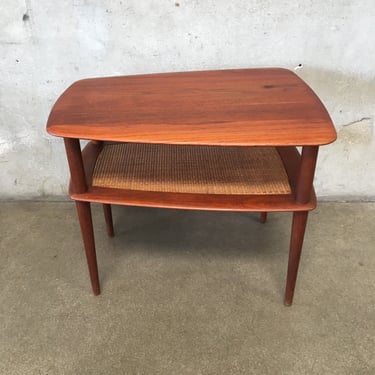 Mid Century Peter Hvidt Teak And Cane Side Table