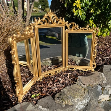 Mid Century Syroco Tri Fold Mirror with Ornate Gold Frames 