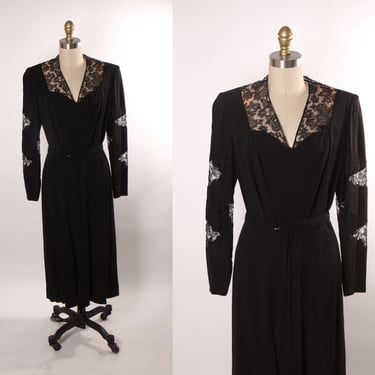 1940s Black Long Sleeve Sheer Lace Panel Spiral Below the Knee Dress -M 