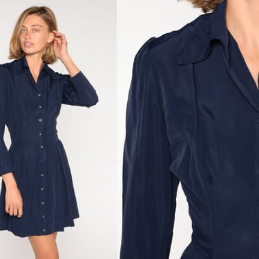 Navy Blue Dress 80s 90s Button up Mini Dress High Waisted Collared Long Puff Sleeve Fit Flare Structured Preppy Secretary Vintage Small S 