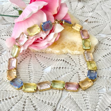 Vintage Necklace, Chunky Gems, Statement Jewelry, Pastel Rainbow Colors Gems, Gold-Tone, 80s 90s 
