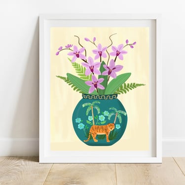 Orchids In Tropical Tiger Vase/ Still Life 8X10 Art Print/ Floral Botanical Wall Decor/ Jungle Chinoiserie Illustration 