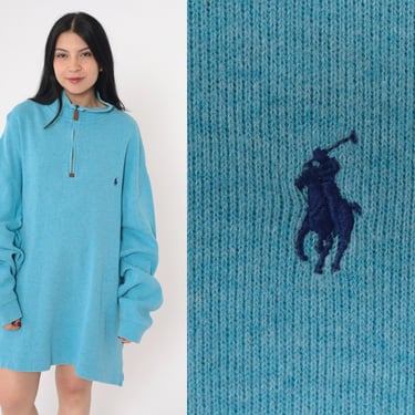 Polo Ralph Lauren Sweater 00s Blue Knit Sweater Quarter Zip Pullover Jumper Retro Basic Plain Simple Streetwear Vintage 00s Men's 2xl Tall 