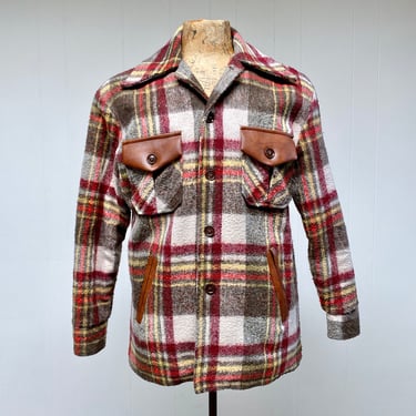 Vintage 1970s Plaid Lumberjack Jacket, 70s Vegan Coat with Double Flap Pockets, Medium 