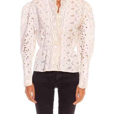 1960S Pauline Trigere Cream Cotton Eyelet Lace Top 