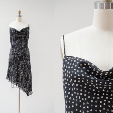 black slip dress | 90s y2k vintage polka dot asymmetric kerchief hem cowl neck spaghetti strap dress 