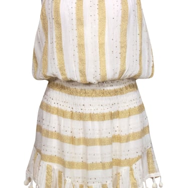 Ramy Brook - White &amp; Gold Sparkly Striped Strapless Dress w/ Pom-Pom Trim Sz XS