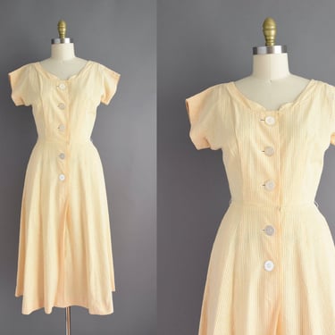 1950s dress | Golden Pinstripe Print Summer Cotton Shirtwaist Dress | Small | 50s vintage dress 