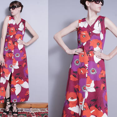 Vintage 1970's | Psychedelic | Large Floral | Empire Waist | Maxi Dress | S 
