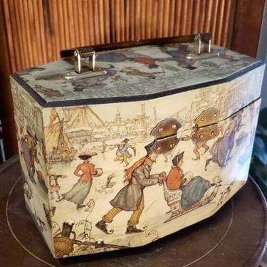 Vintage 60s Anton Pieck Box Purse w/ Lucite Handle Vicorian Scene Ice Skaters, Cute Dogs Footed Bottom 