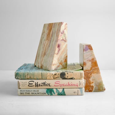 Vintage Onyx Stone Bookends in Green and Orange 