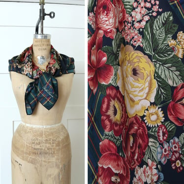 NOS designer vintage 1990s Ralph Lauren • oversized silk scarf • tartan plaid & rococo Hampton floral 35x35 