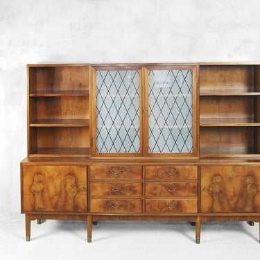 Antique Walnut and Burl Swedish Buffet with Glass Vitrine, 1940s 