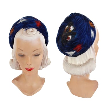 1950s Cobalt Blue Feather Pillbox Toque Hat - 1950s Blue Pillbox Hat - 1950s Blue Toque Hat - 1950s Blue Feather Hat - Vintage Blue Hat 