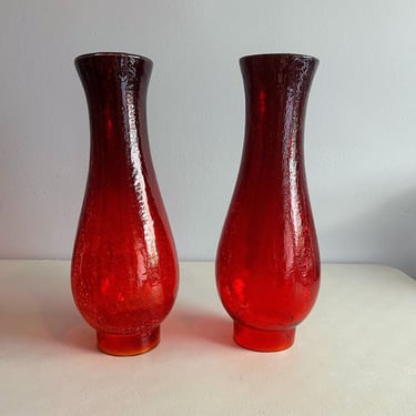 Vintage Ruby Red Crackle Glass Lamp Hurricanes Pair Mid Century Modern 