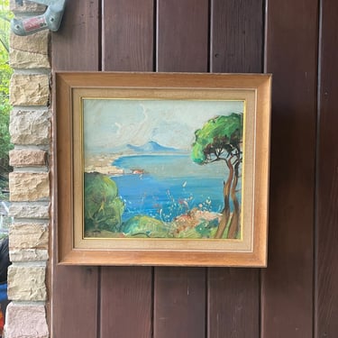Oil Painting Bay of Naples from Isle of Capri Mount Vesuvius Italy Vintage Mid-Century Framed Rino 