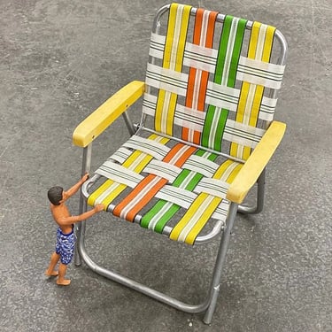 Vintage Kids Lawn Chair Retro 1980s Silver Aluminum Frame + Folding + Webbed Straps + Yellow + Green + Orange + Childrens Outdoor Seating 