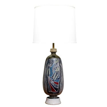 Italian Hand-Thrown Ceramic Table Lamp with Mother and Child Motif 1950s