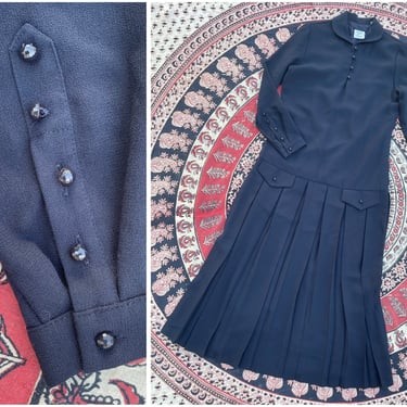 Vintage ‘80s ‘90s Laura Ashley drop waist dress | navy blue crepe, pleated skirt, Academia aesthetic, M 