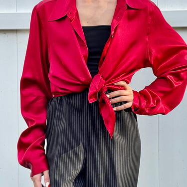 Sexy Shiny Maroon Red Satin Blouse fits S - L 1980's 