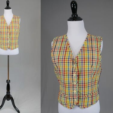 80s Yellow Plaid Vest - Lizsport Liz Claiborne - Cotton - Multicolor Stripes - Vintage 1980s - S 