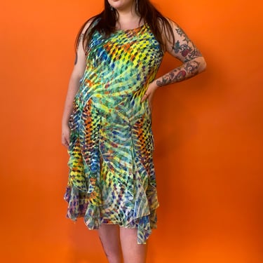 Y2K Colorful Geometric Bias Cut Dress, sz. 1XL
