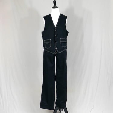 70s Men's Black Jeans and Matching Vest - 28