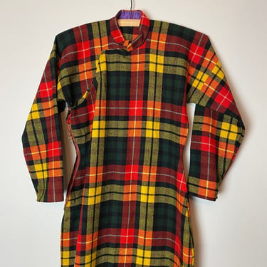 Vtg 1960’s plaid Wool Cheongsam dress~ bright colorful fall/ winter~ size XXSM/ petite woman or Youth size 