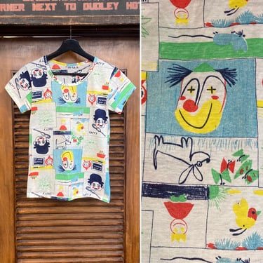 Vintage 1960’s Cartoon Pop Art Scoop Neck Mod School Drawings Printed T-Shirt, 60’s Tee Shirt, Vintage Clothing 