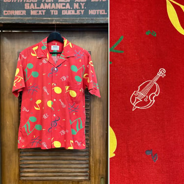 Vintage 1950’s Atomic Music Notes x Instruments Cotton Rockabilly Shirt, 50’s Vintage Clothing 